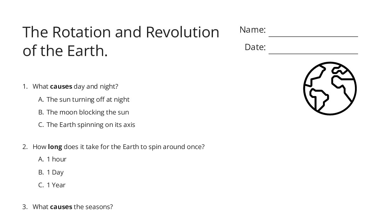 The Rotation and Revolution of the Earth. - My Worksheet Maker: Create ...