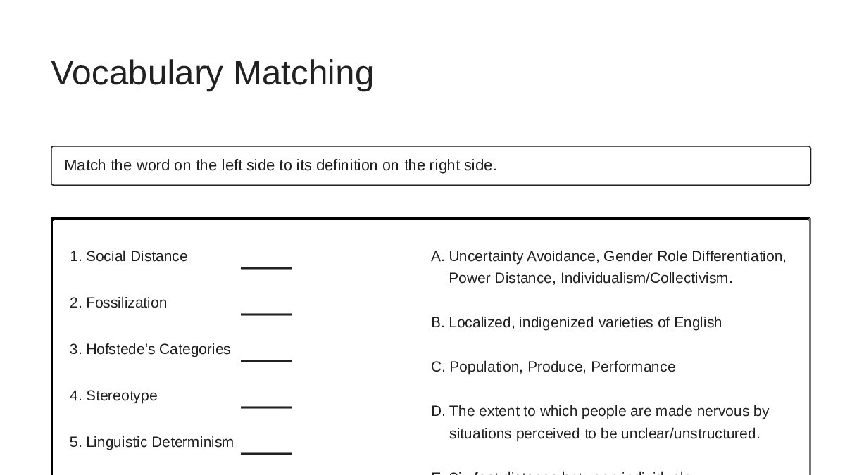 Vocabulary Matching - My Worksheet Maker: Create Your Own Worksheets