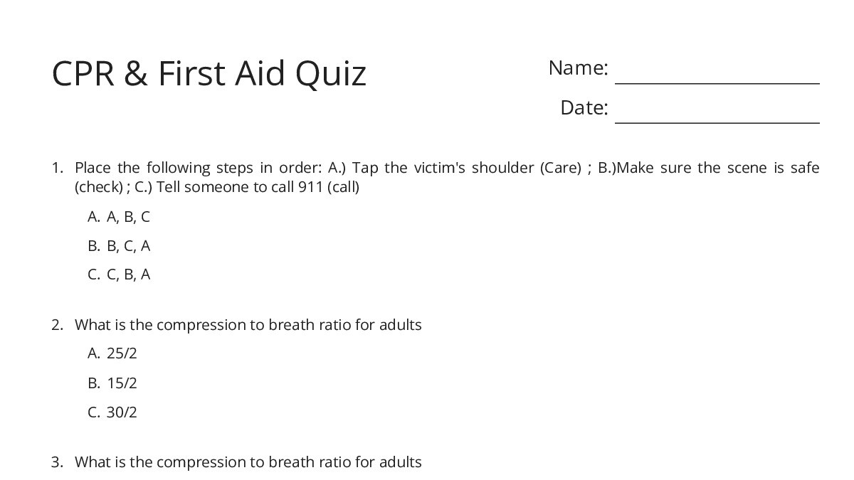 CPR & First Aid Quiz - My Worksheet Maker: Create Your Own Worksheets