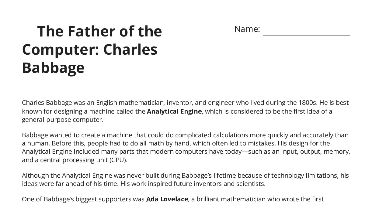 Fathe R Of Computer 🧠 The Father of the Computer: Charles Babbage - My Worksheet Maker ...