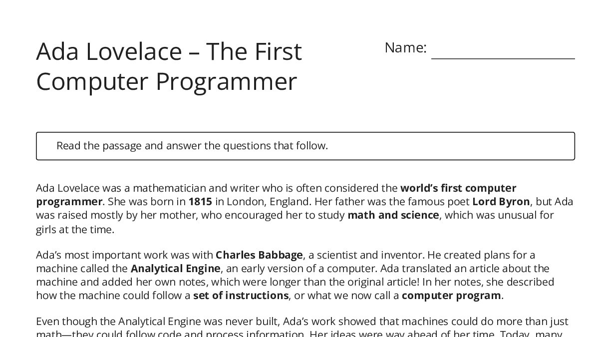 Ada Lovelace – The First Computer Programmer - My Worksheet Maker ...