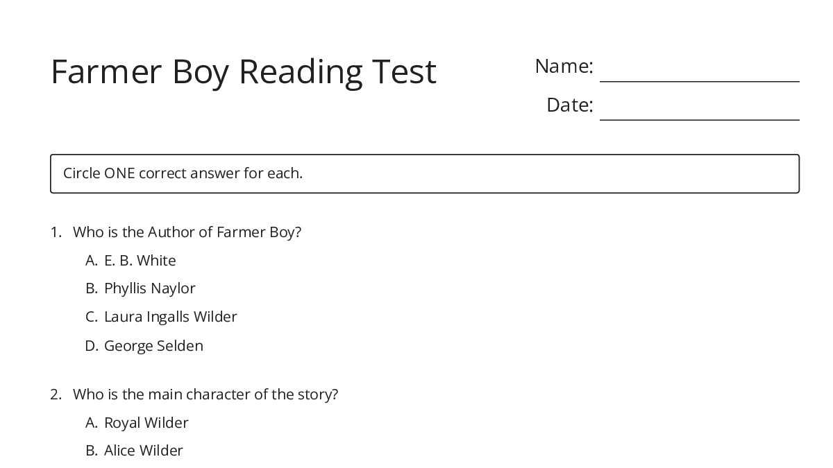 Farmer Boy Reading Test - My Worksheet Maker: Create Your Own Worksheets