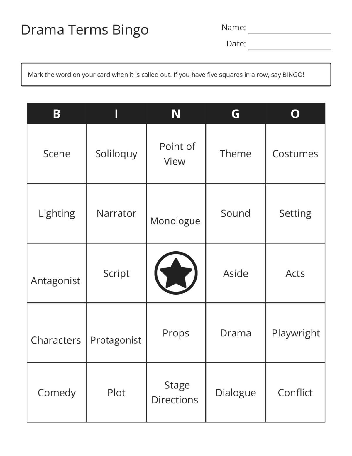 Drama terms bingo cards with theater vocabulary including protagonist, monologue, and stage directions.
