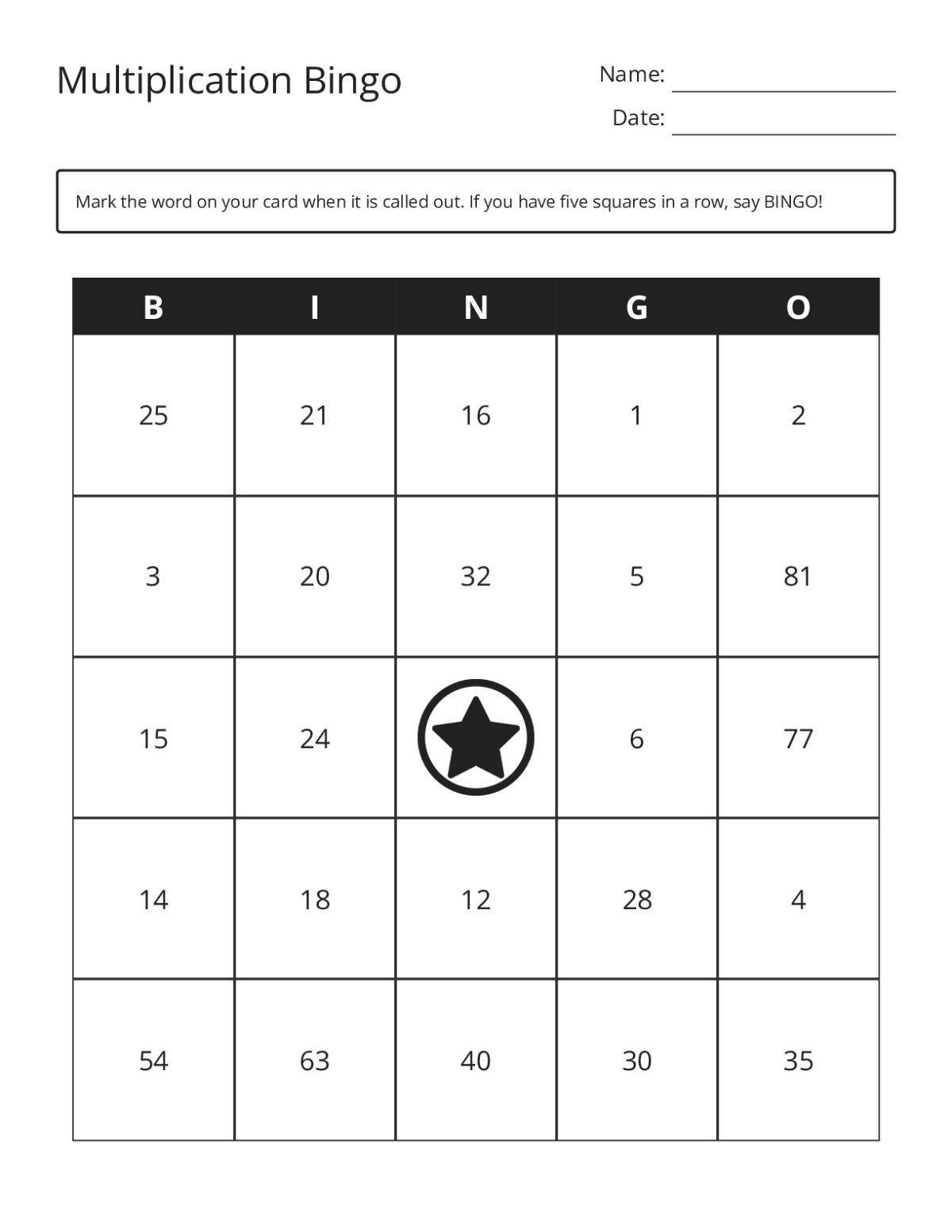 Multiplication bingo cards with products ranging from 1 to 81.