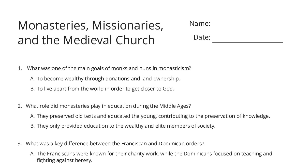 Monasteries, Missionaries, and the Medieval Church - My Worksheet Maker ...