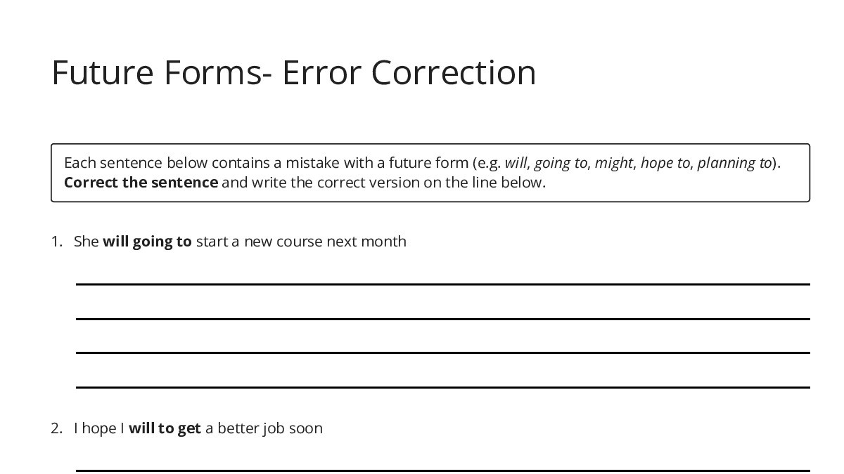 Future Forms- Error Correction - My Worksheet Maker: Create Your Own ...
