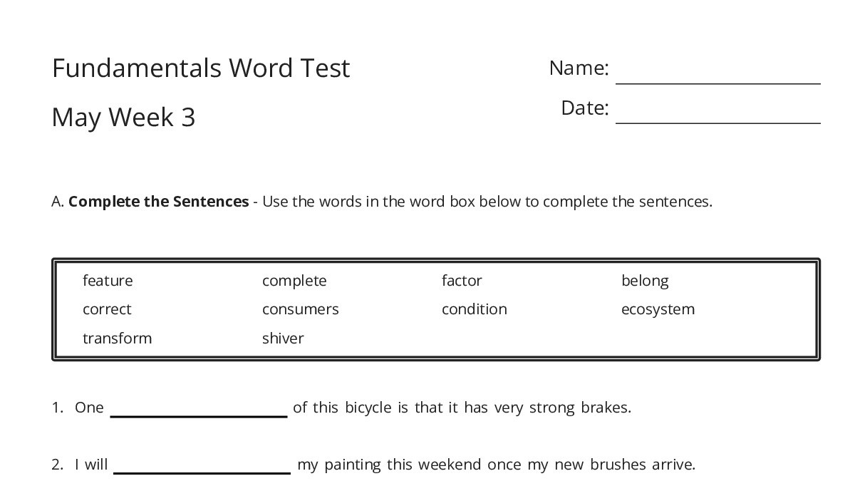 Fundamentals Word Test May Week 3 - My Worksheet Maker: Create Your Own ...
