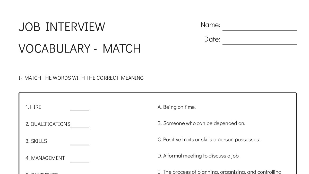 JOB INTERVIEW VOCABULARY - MATCH - My Worksheet Maker: Create Your Own ...