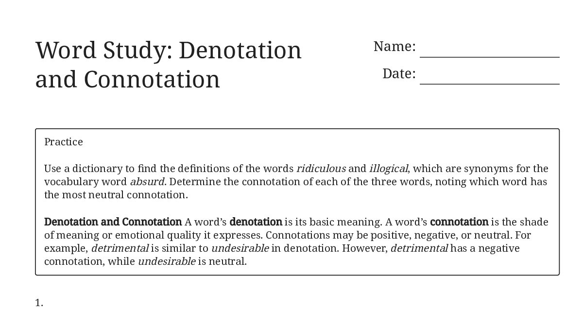 Word Study: Denotation and Connotation - My Worksheet Maker: Create ...