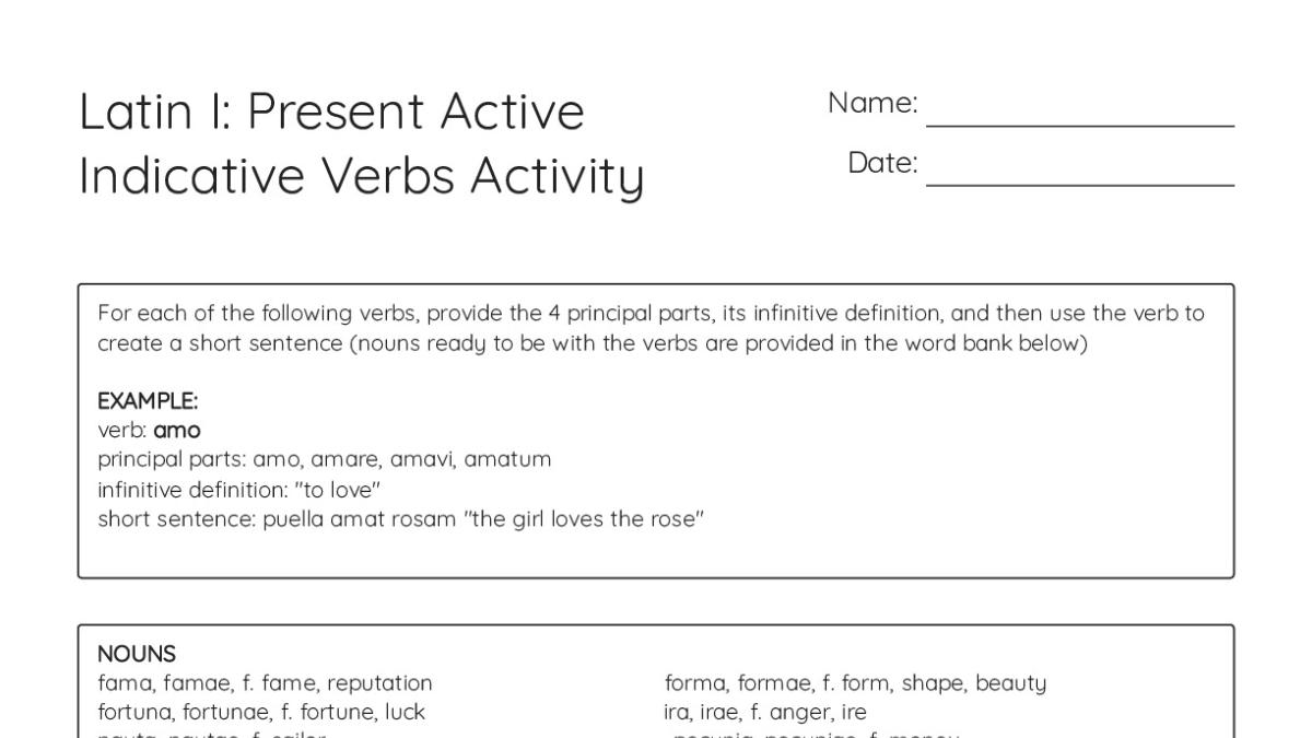 Latin I: Present Active Indicative Verbs Activity - My Worksheet Maker ...