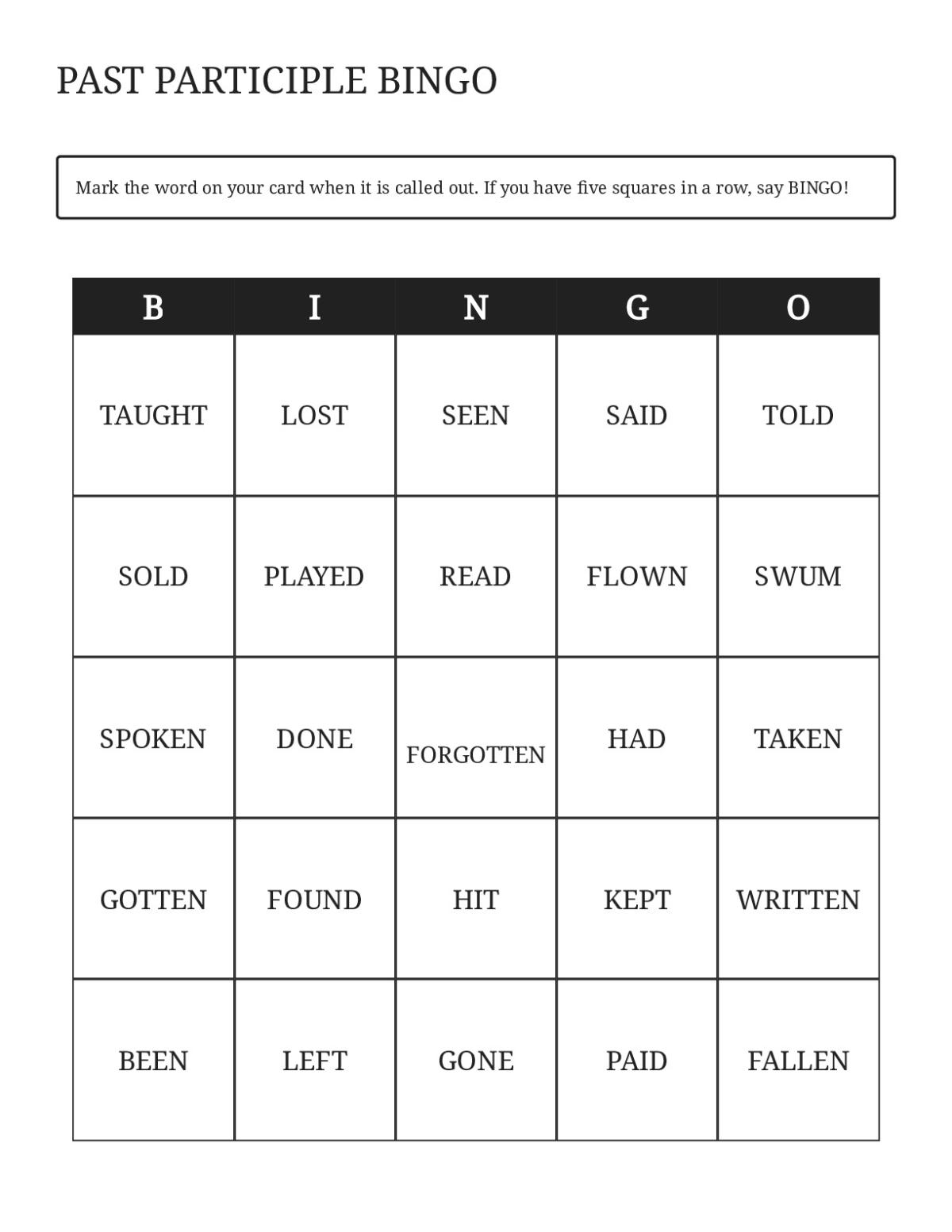Past participle bingo cards with irregular English verbs like flown, written, and spoken.