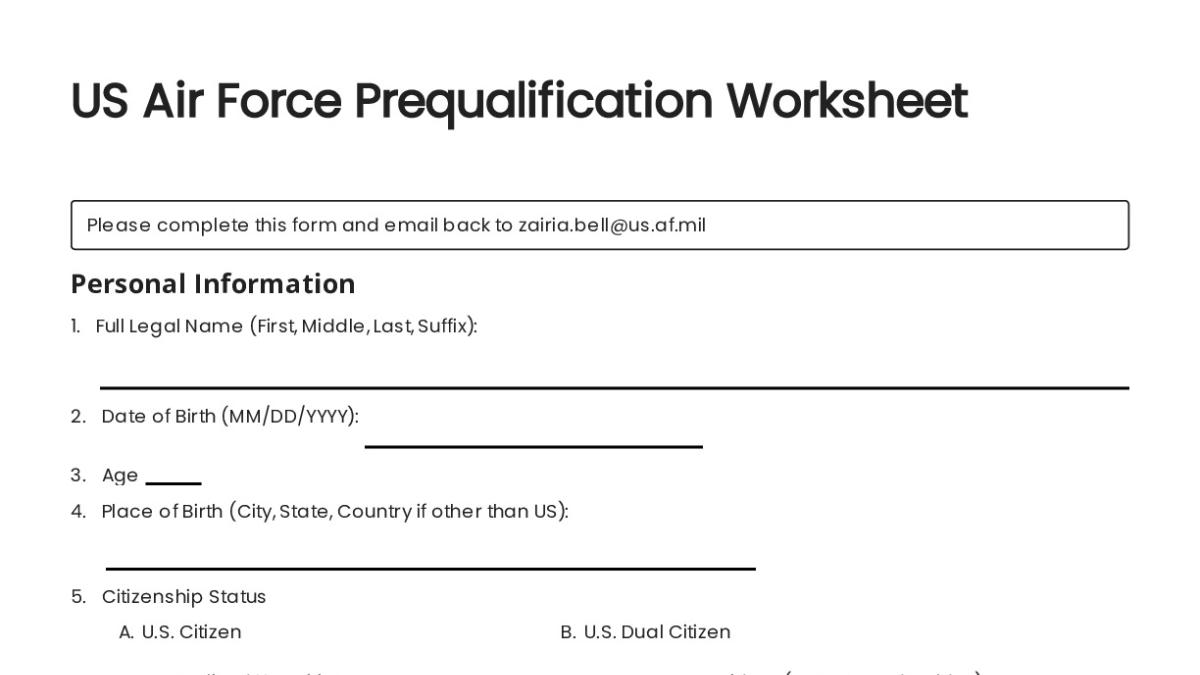 US Air Force Prequalification Worksheet - My Worksheet Maker: Create ...