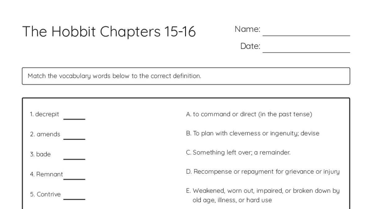 The Hobbit Chapters 15-16 - My Worksheet Maker: Create Your Own Worksheets