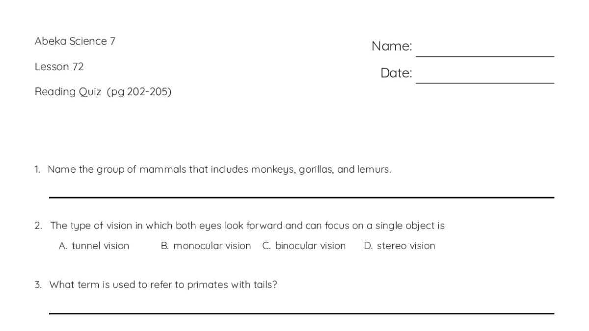 Abeka Science 7 Lesson 72 Reading Quiz (pg 202-205) - My Worksheet ...