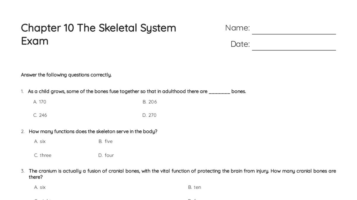 Chapter 10 The Skeletal System Exam - My Worksheet Maker: Create Your ...