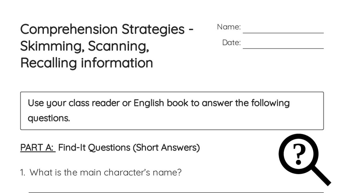 Scanning Strategy Worksheets Comprehension Strategies - Skimming, Scanning, Recalling information ...