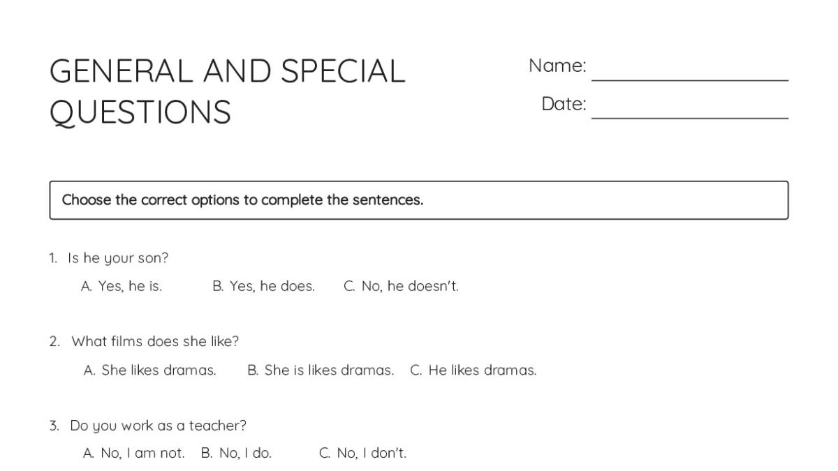 GENERAL AND SPECIAL QUESTIONS - My Worksheet Maker: Create Your Own ...