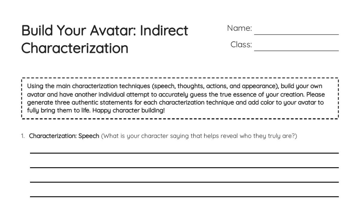 Build Your Avatar: Indirect Characterization - My Worksheet Maker ...