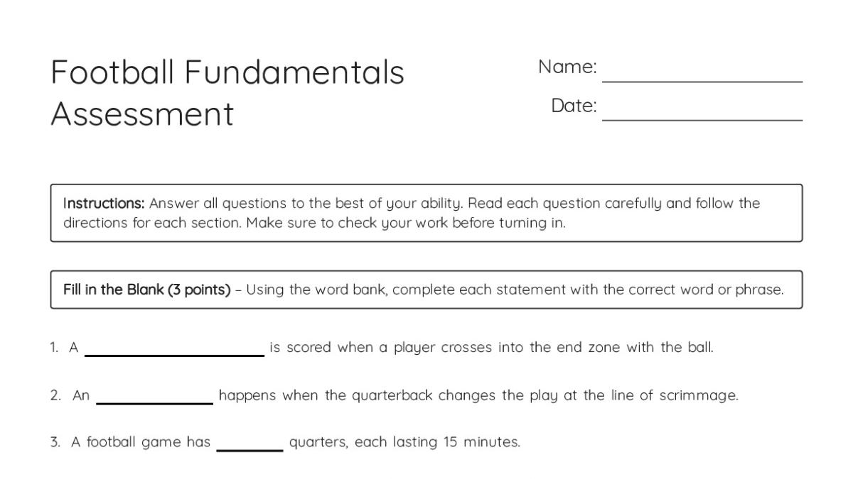 Individual Football Homework Football Fundamentals Assessment - My Worksheet Maker: Create Your Own ...