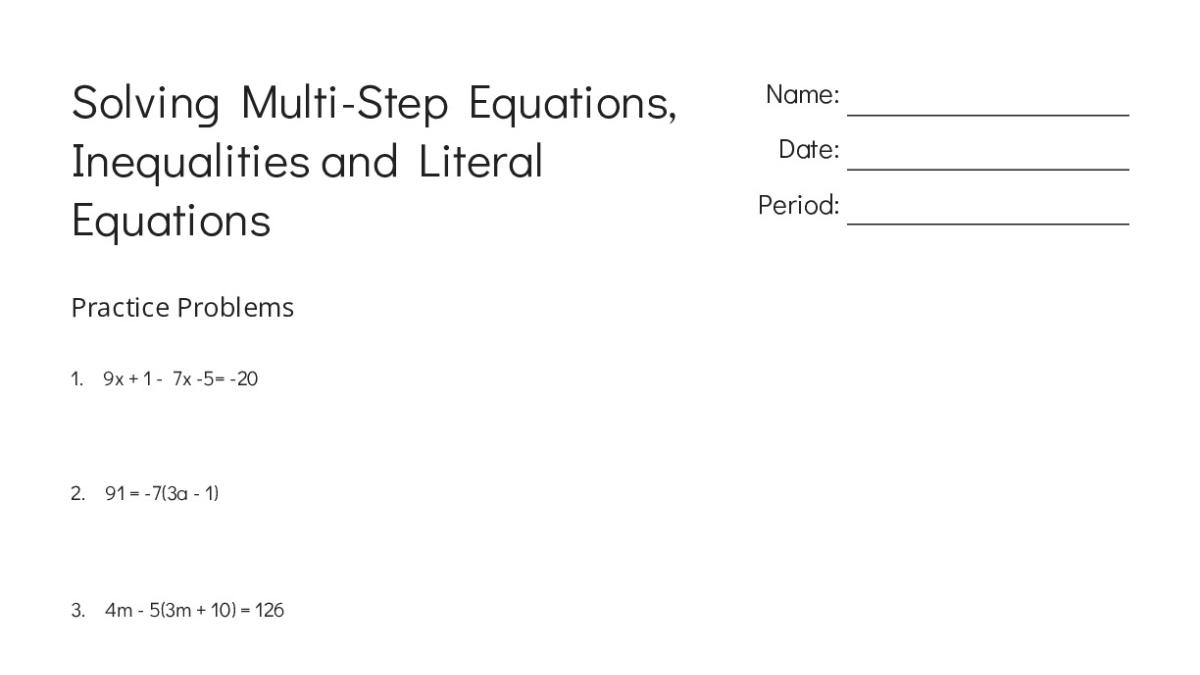 Solving Multi-Step Equations, Inequalities and Literal Equations - My ...