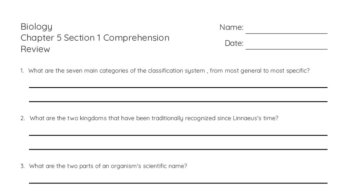 Biology Chapter 5 Section 1 Comprehension Review - My Worksheet Maker ...