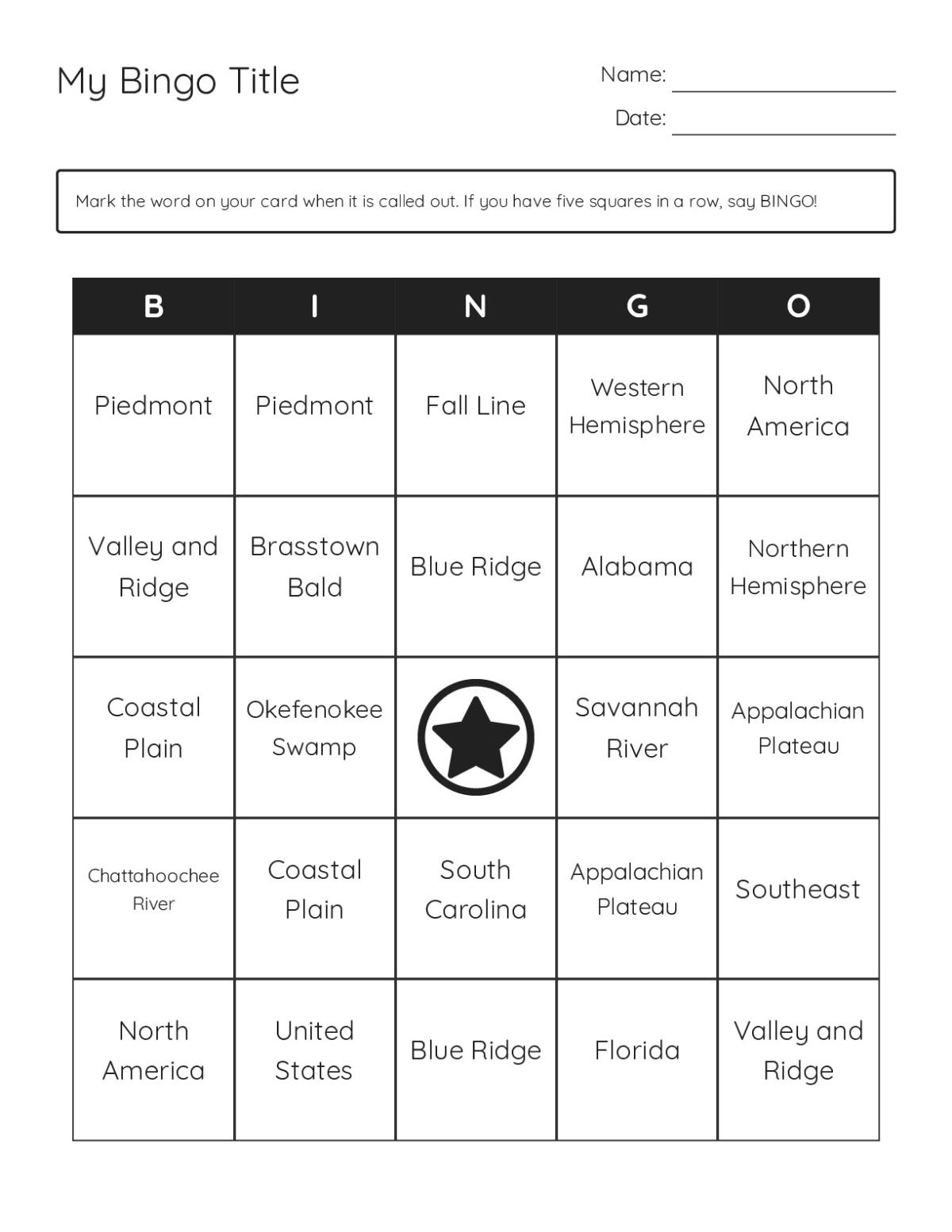 Georgia geography bingo cards with Appalachian Plateau, Blue Ridge Mountains, and rivers.