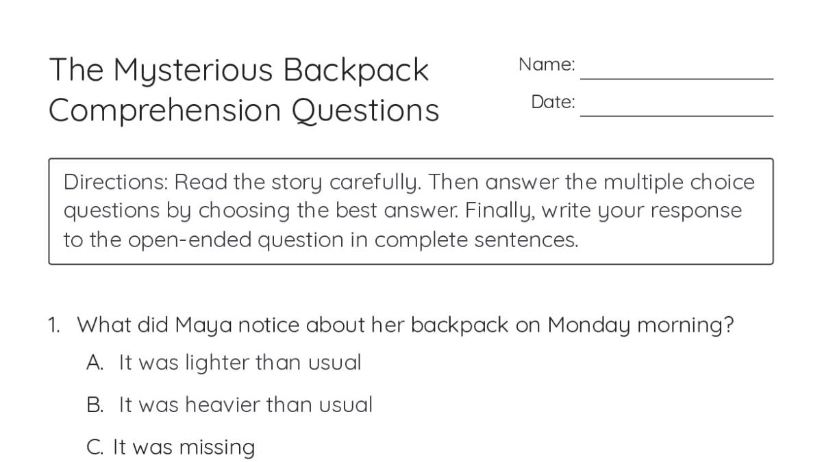 The Mysterious Backpack Comprehension Questions - My Worksheet Maker ...