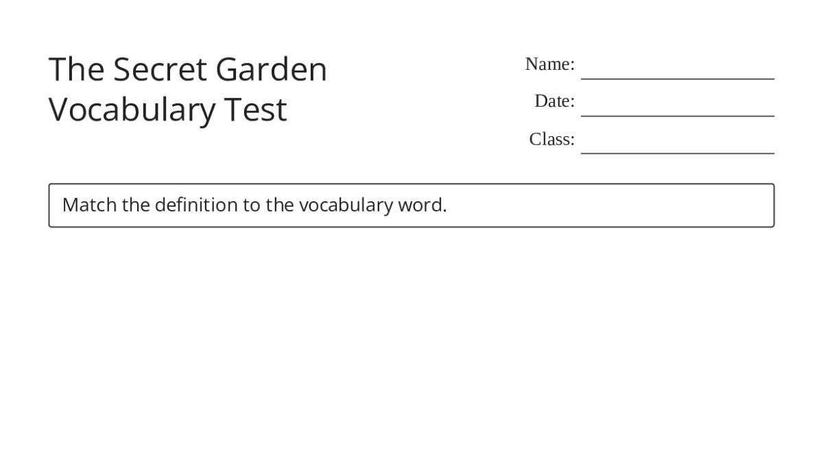 The Secret Garden Vocabulary Test - My Worksheet Maker: Create Your Own ...