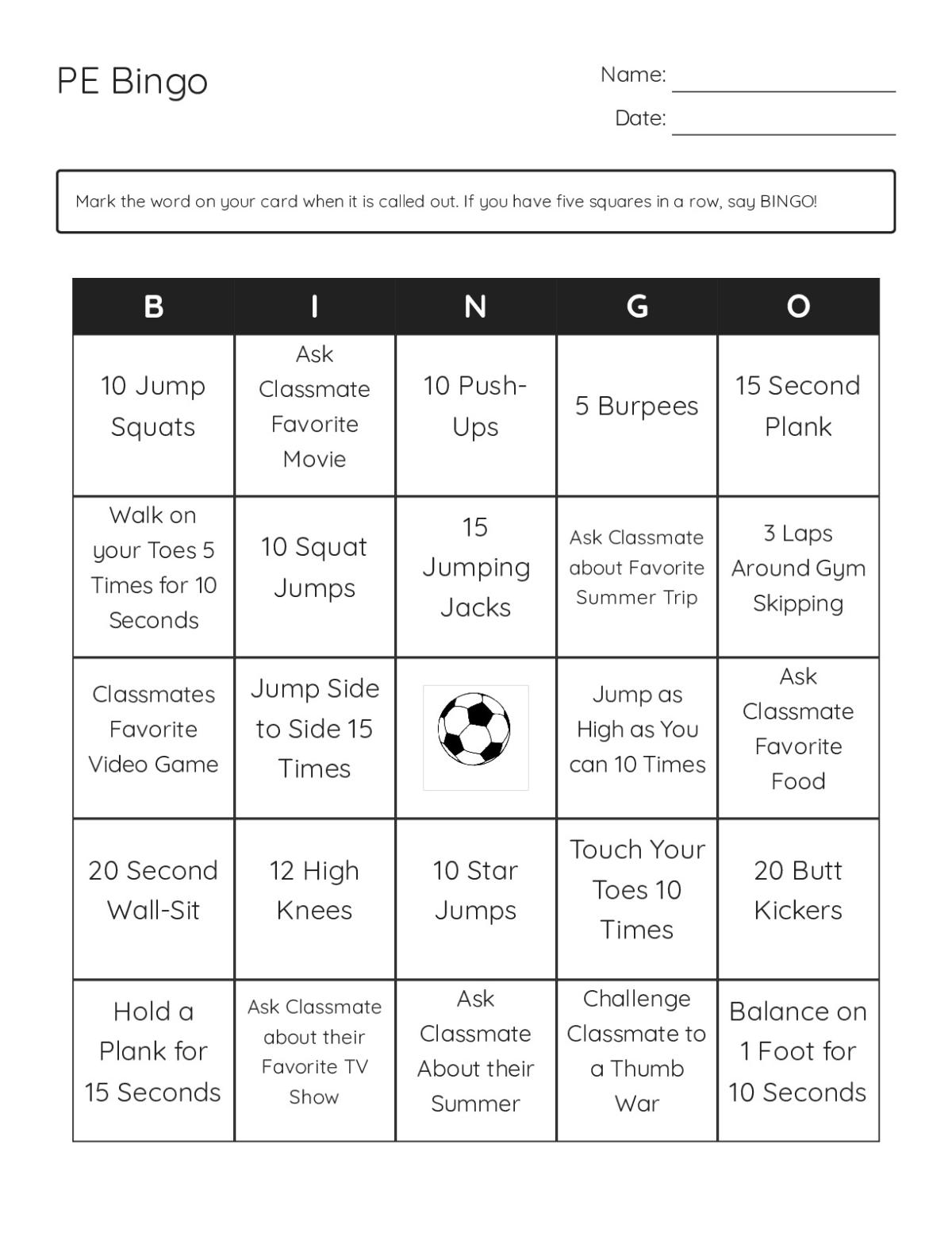 PE bingo cards with fitness exercises, jumping jacks, planks, and icebreaker activities.