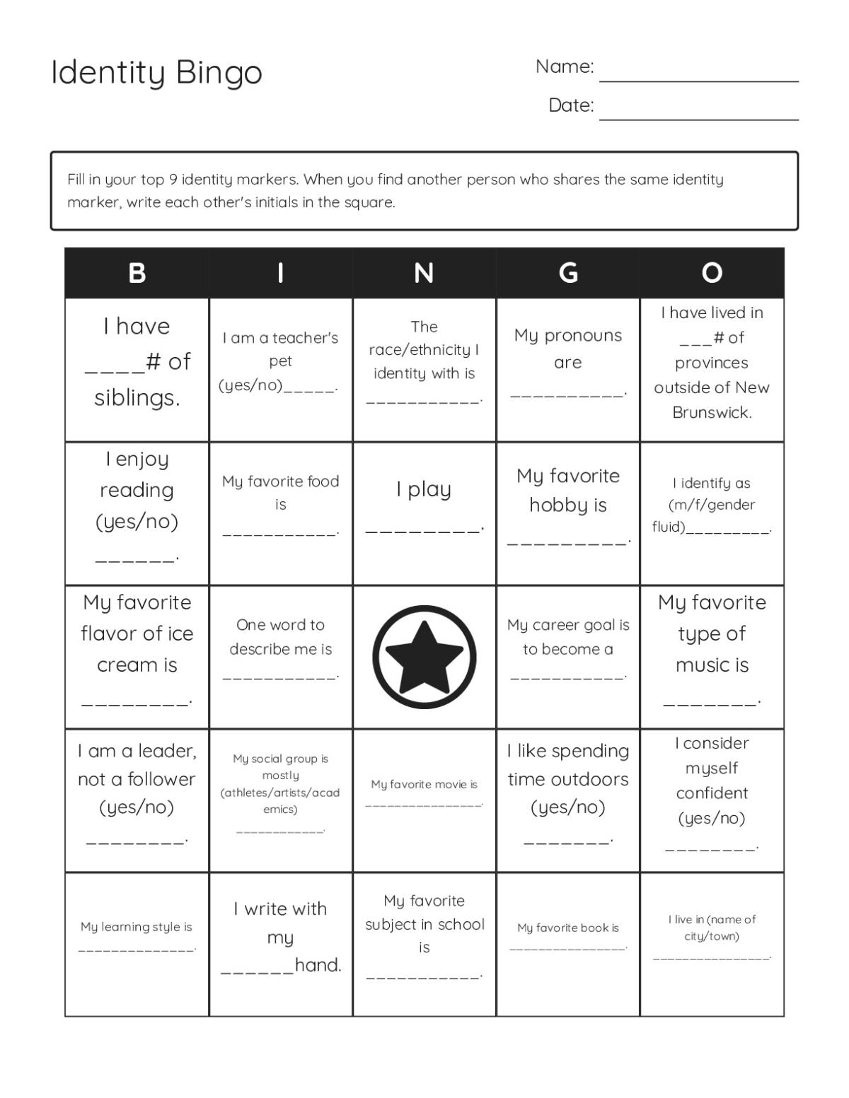 Identity bingo cards with prompts about hobbies, goals, interests, and personal characteristics for teens.