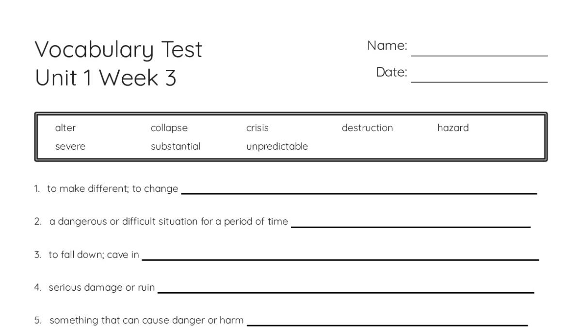 Vocabulary Test Unit 1 Week 3 - My Worksheet Maker: Create Your Own ...