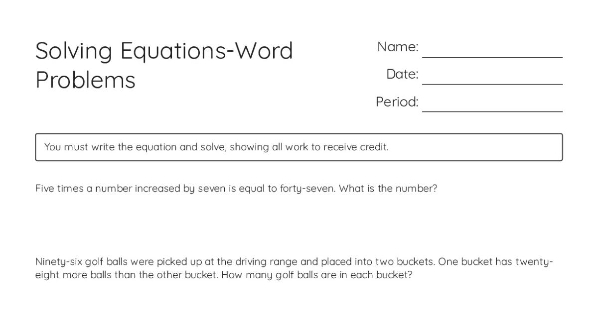 Solving Equations-Word Problems - My Worksheet Maker: Create Your Own ...