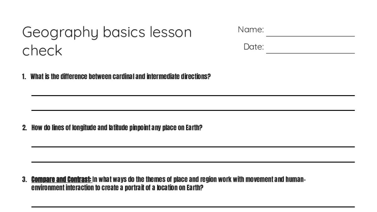 Geography basics lesson check - My Worksheet Maker: Create Your Own ...