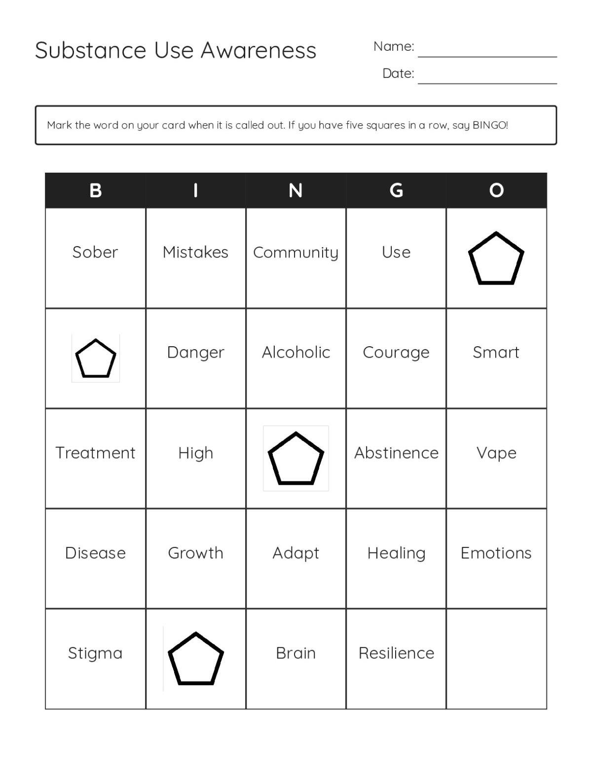 Substance use awareness bingo cards for 6th Grade with health and prevention vocabulary.