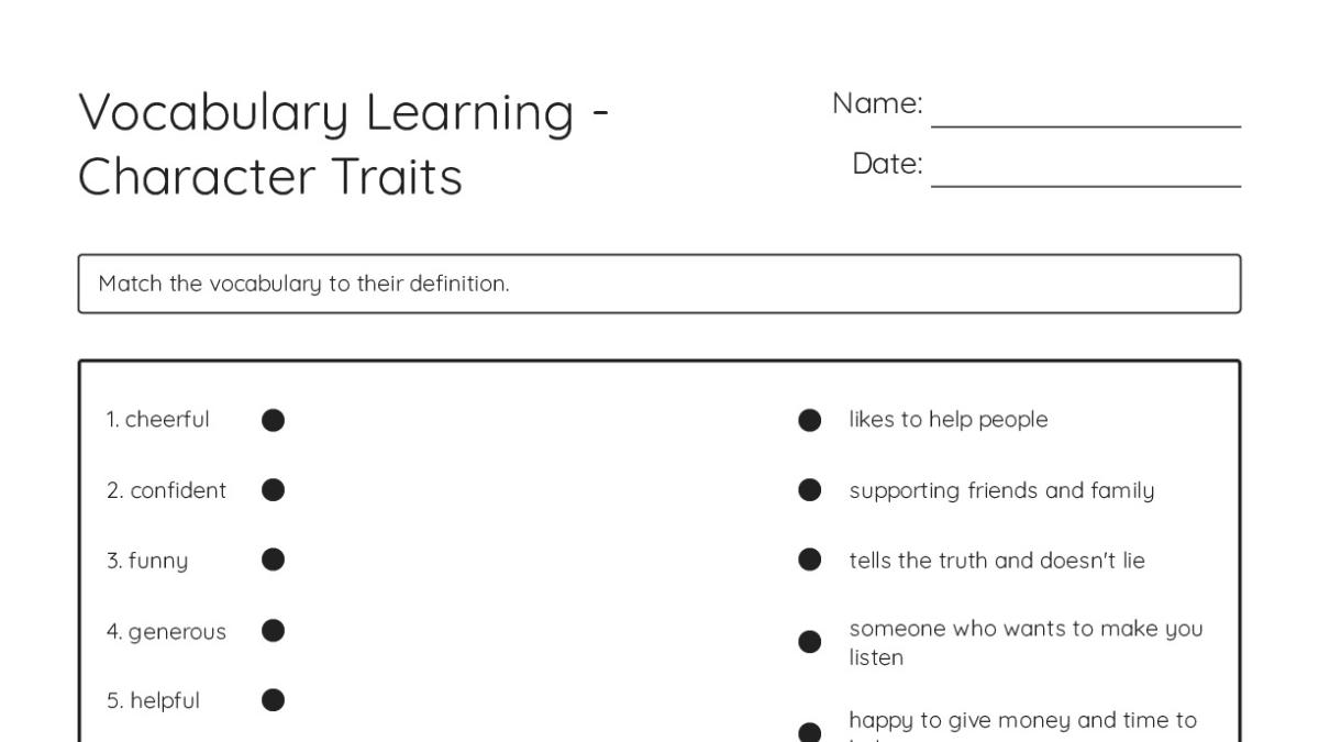 Vocabulary Learning - Character Traits - My Worksheet Maker: Create ...