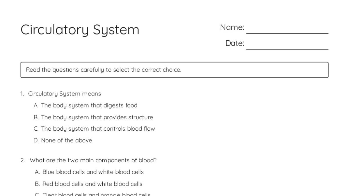 Circulatory System - My Worksheet Maker: Create Your Own Worksheets