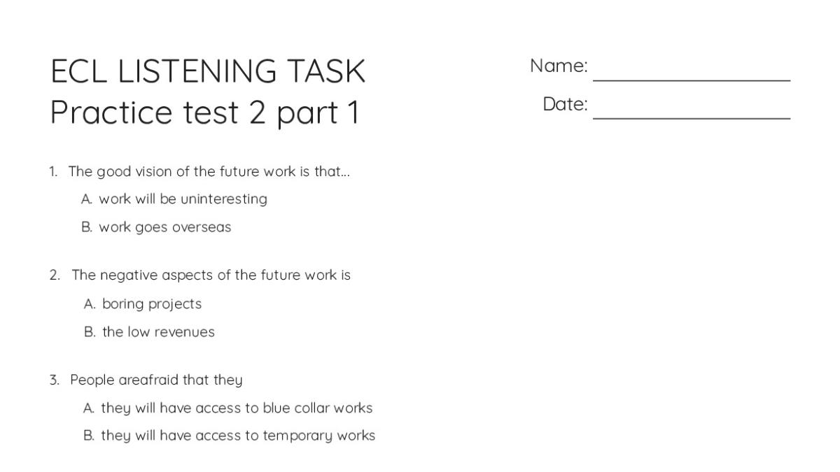 ECL LISTENING TASK Practice test 2 part 1 - My Worksheet Maker: Create ...