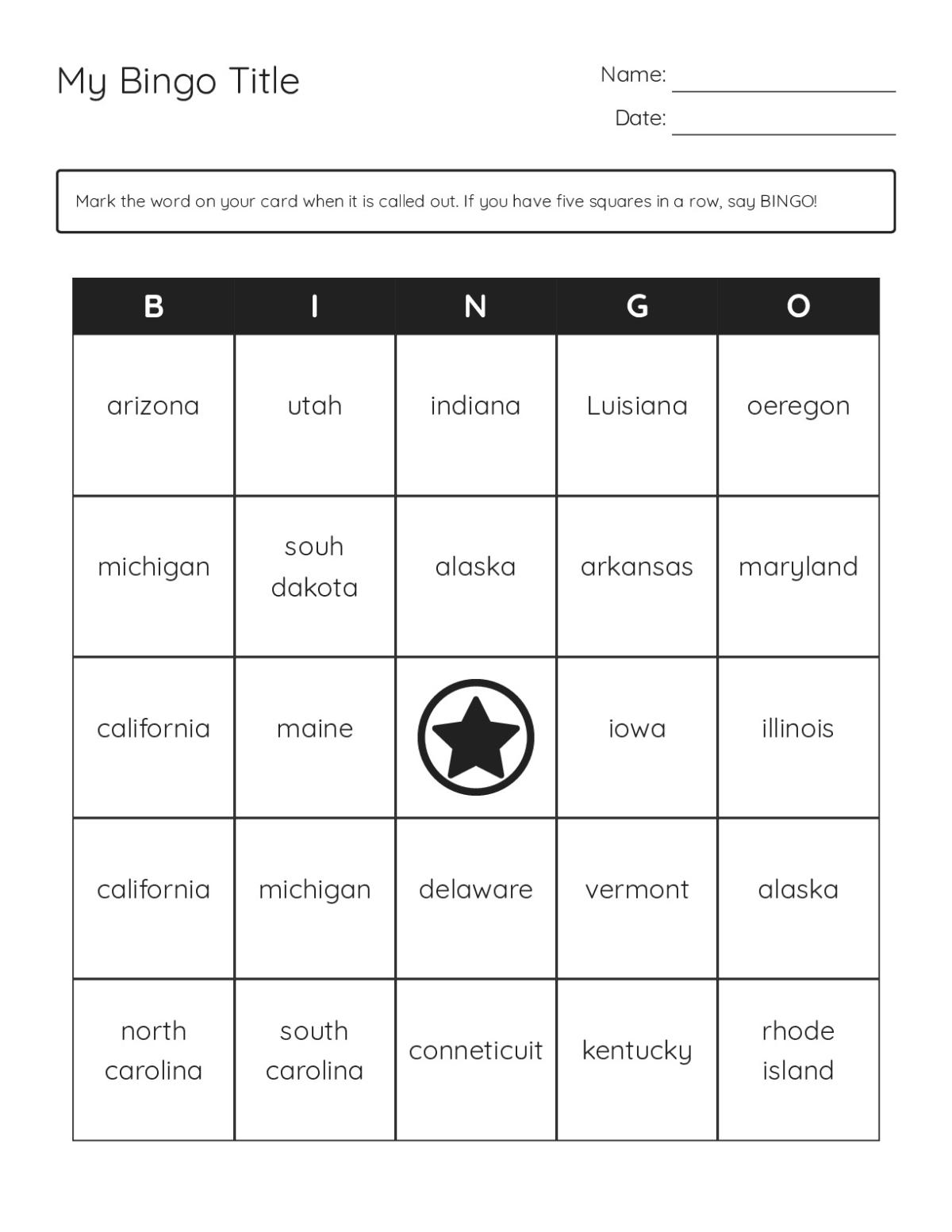 U.S. states bingo cards with all 50 states including Florida, California, Texas, and Alaska.