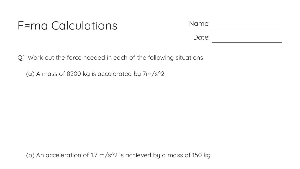 F=ma Calculations - My Worksheet Maker: Create Your Own Worksheets