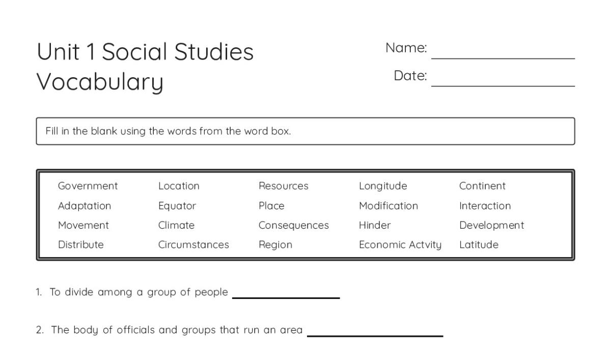 Unit 1 Social Studies Vocabulary - My Worksheet Maker: Create Your Own ...