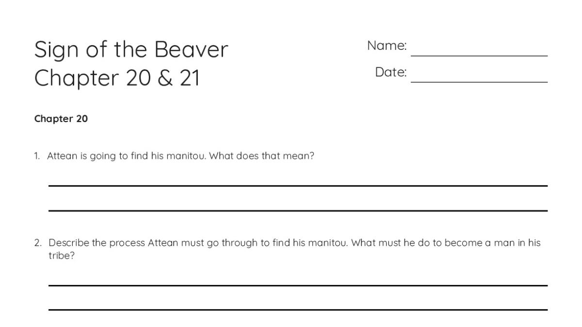 Sign of the Beaver Chapter 20 & 21 - My Worksheet Maker: Create Your ...