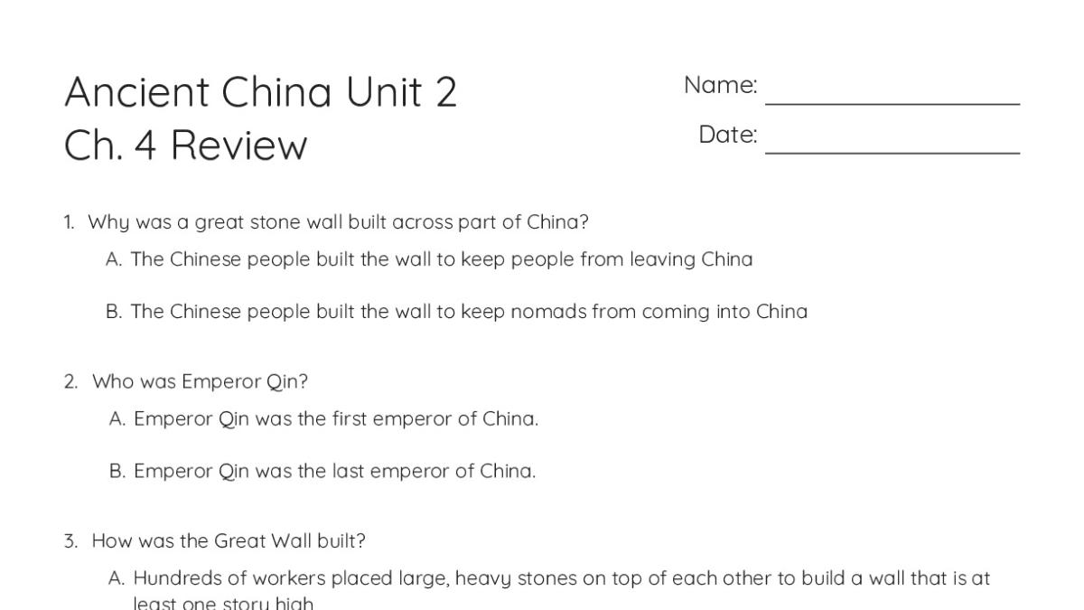 Ancient China Unit 2 Ch. 4 Review - My Worksheet Maker: Create Your Own ...