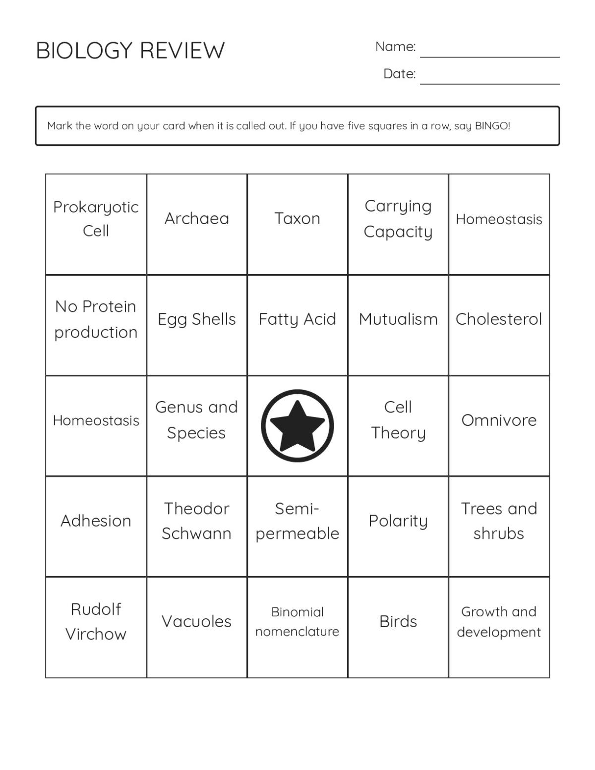 Biology review bingo cards with terms including cell theory, taxonomy, and homeostasis.