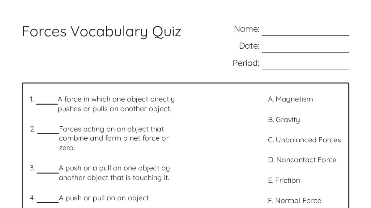 Forces Vocabulary Quiz - My Worksheet Maker: Create Your Own Worksheets