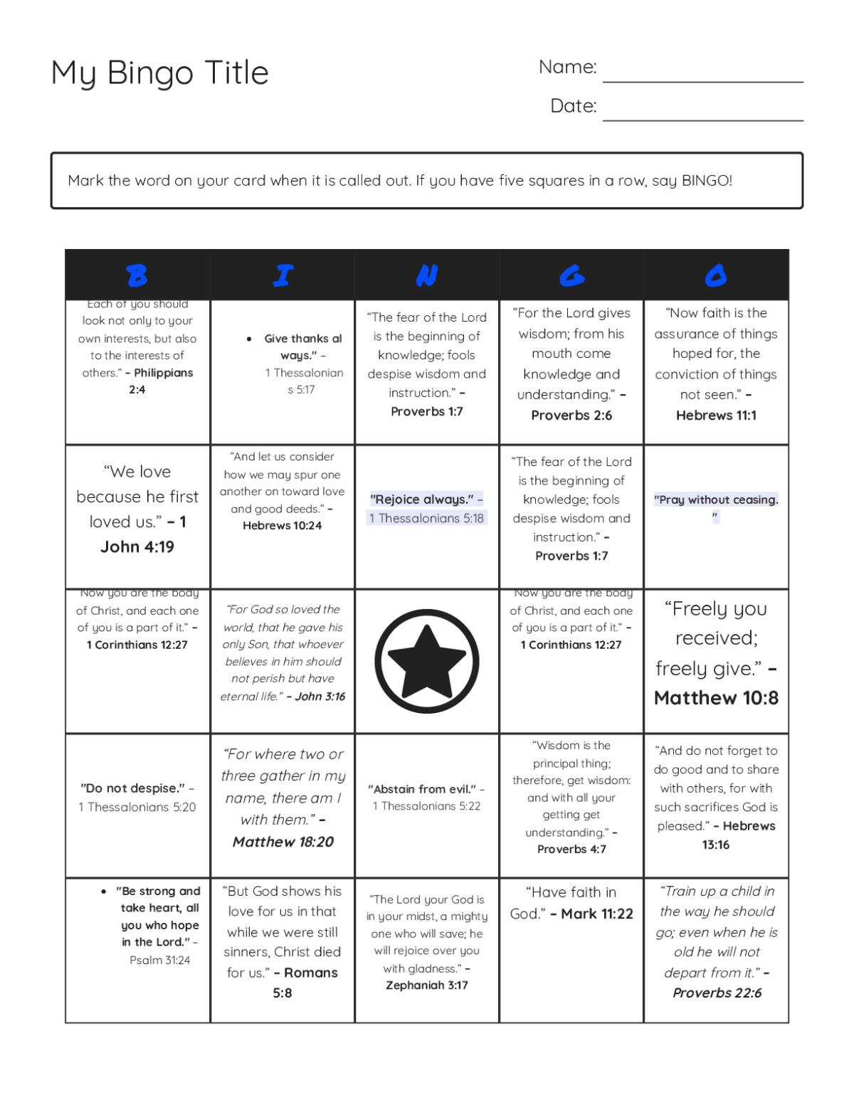 Bible verses bingo cards with passages on faith, love, wisdom, and generosity.