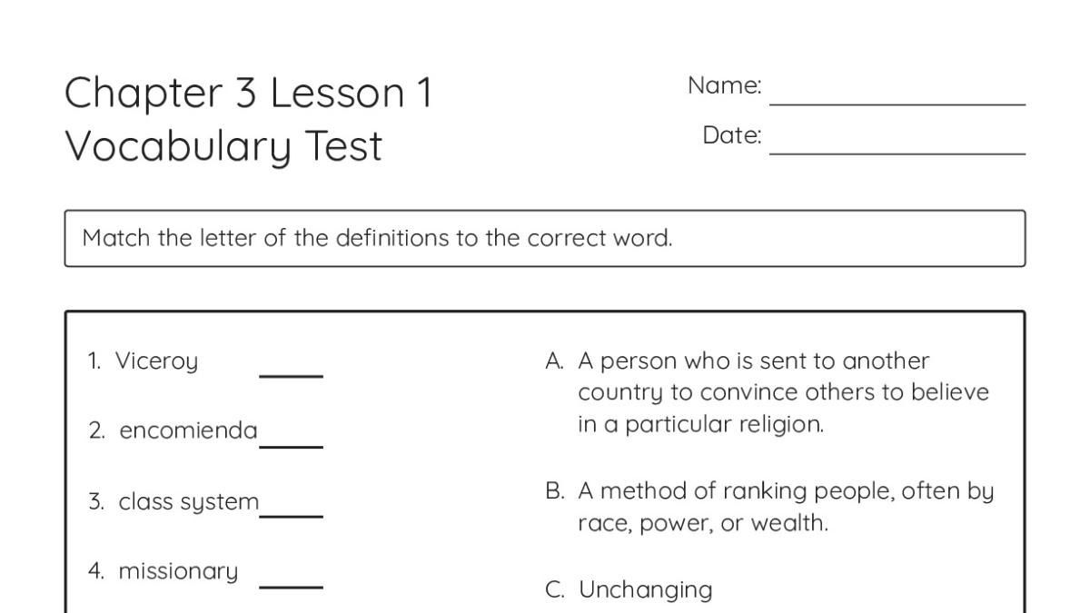 Chapter 3 Lesson 1 Vocabulary Test - My Worksheet Maker: Create Your ...