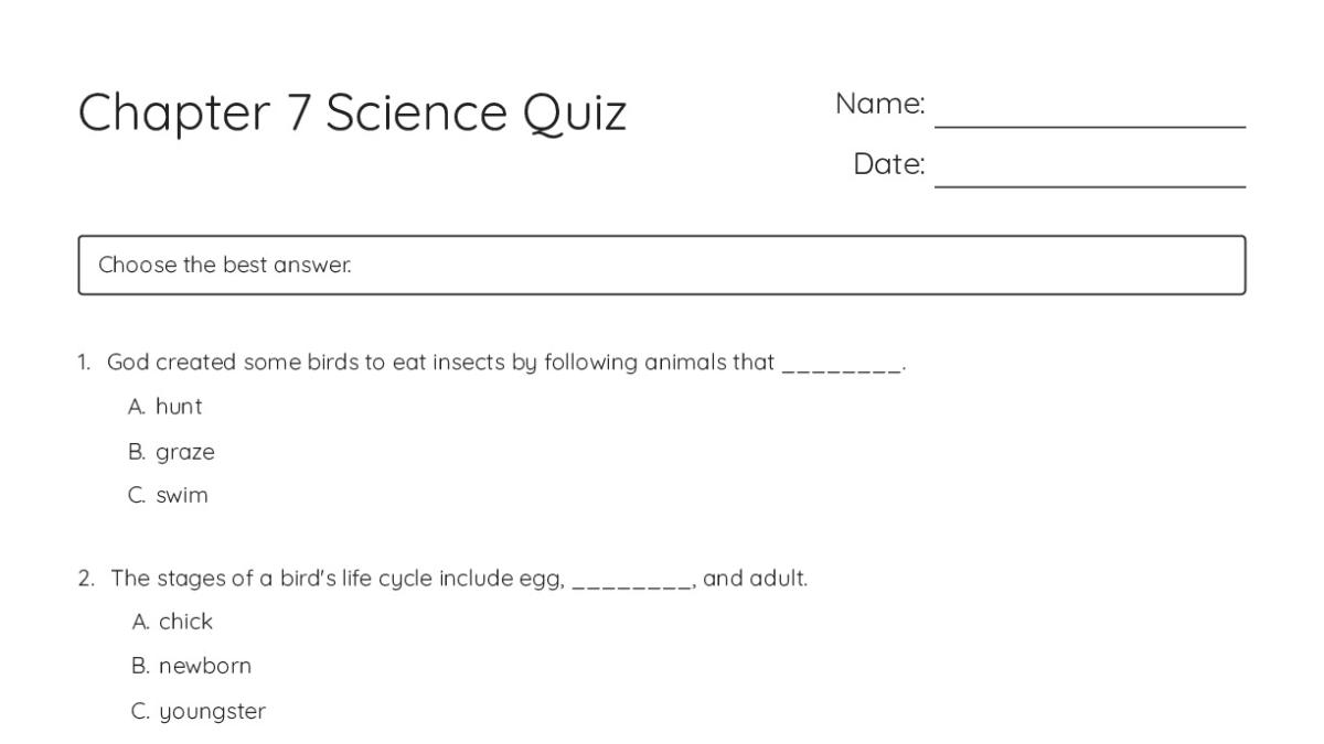 Chapter 7 Science Quiz - My Worksheet Maker: Create Your Own Worksheets