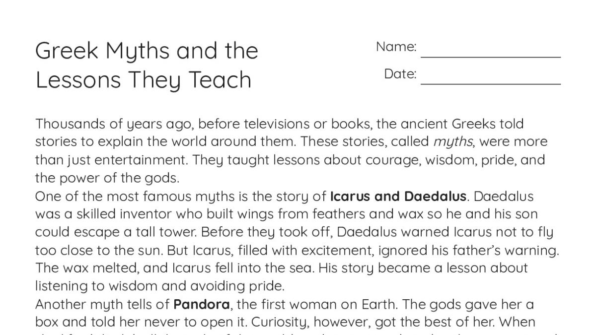 Greek Myths and the Lessons They Teach - My Worksheet Maker: Create ...