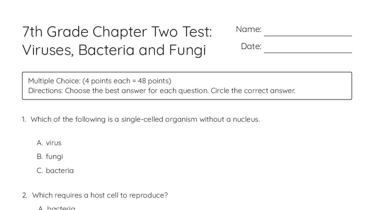 7th Grade Chapter Two Test: Viruses, Bacteria and Fungi - My Worksheet ...