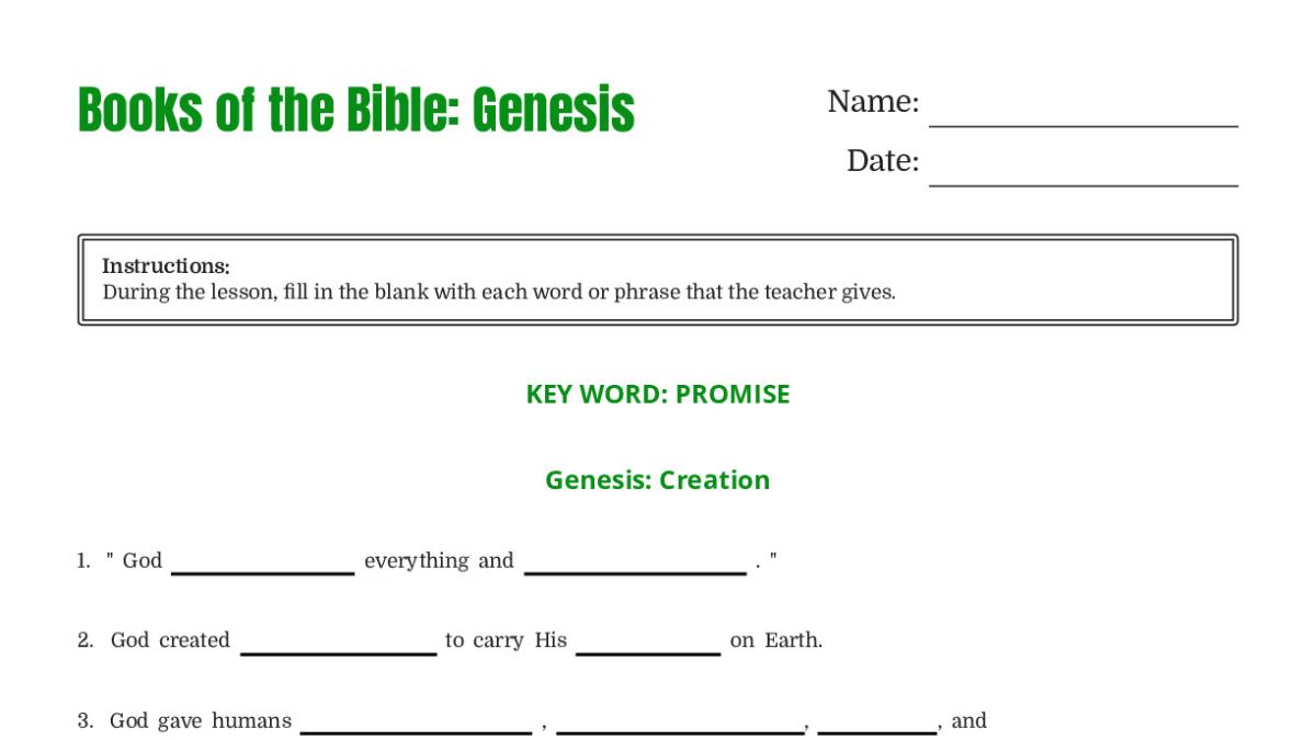 Books of the Bible: Genesis - My Worksheet Maker: Create Your Own ...
